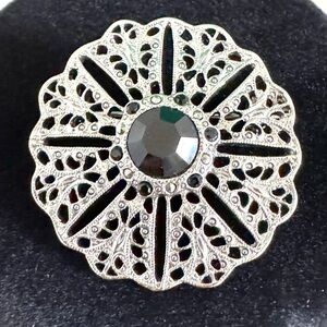 Vintage Art Deco Revival Filigree Brooch Silver Tone Black Glass Stone Pin